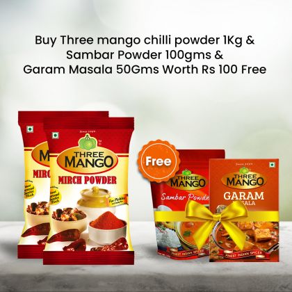 Buy Three Mango Chilli powder 500g (Pack of 2) get free Three Mango Sambar powder 100g and Garam masala 50g