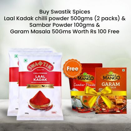 Buy Swastik Laal Kadak Chilli powder 500g (Pack of 2) get free Three Mango Sambar powder 100g and Garam masala 50g