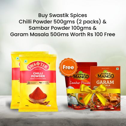 Buy Swastik Chilli powder 500g (Pack of 2) get free Three Mango Sambar powder 100g and Garam masala 50g